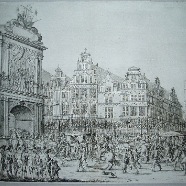 Amsterdam bezoek Maria de Medici Casper van Baerle / Blaeu 1639 Dam westzijde graveur Salomon Savrij kopergravure 38x29 cm. 