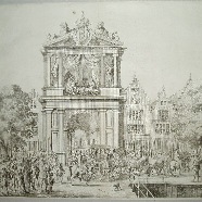 Amsterdam bezoek Maria de Medici op de Oudezijds Voorburgwal gezien vanaf de Damstraat. ets Salomon Savery 1638 . Casper van Baerle / Blaeu 1639 kopergravure 