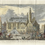 Haarlem Stadhuis Simon Fokke 1712-1784 handgekleurde kopergravure 20x16 cm. 1750 € 65.-
