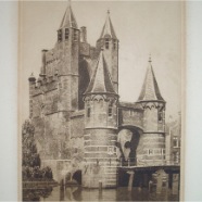 Haarlem Amsterdamse poort Dirk Harting 1884-1970 ets 23x35 cm. € 150.-