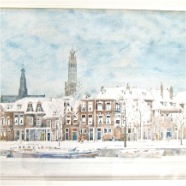 Haarlem Donkere Spaarne aquarel Poppe Damave 1921-1988 47x36 cm. gemaakt voor drukkerij Vernhout en van Sluijters vanuit hun kantoor 't Scheepje a/d Houtmarkt repro's zijn als Kerstgroet naar relaties gestuurd.        