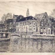 Haarlem Donkere Spaarne hoek Bakenessergracht ets Fr.Fransen 28x19 cm. werkzaamheden aan de Wildemansbrug ca. 1960 