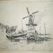 Haarlem Molen de Adriaan Martin van Waning 1889-1972 ets 1928  26x22 cm. 
