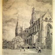 Haarlem St.Bavo Grote Markt Hendrik Hendriks 1882-1950 ets 37x44 cm. ca. 1920