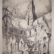 Haarlem St.Bavo Oude Groenmarkt Marinus Arend van Heuven 1885-1957 ets 40x62.5 cm.5/12 ca.1925            