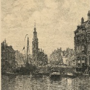 Amsterdam Binnen Amstel naar Doelenbrug en Muntplein ets van Petrus Johannes Arendzen 1846-1932 naar J.C.Greive ca. 1870 beeldmaat 21x28 cm.