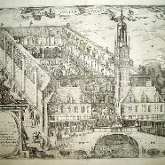 Amsterdam De Beurs Lodovico Guicciardini 1521-1589 ca.1612 kopergravure 32x25 cm.      