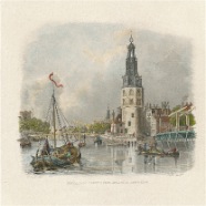 Amsterdam J.L.Terwen 1813-1873 Montelbaanstoren 1860 handgekleurde staalgravure ca 13x13 cm. € 50.-