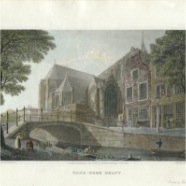 Delft  Batty Oude Kerk  handgekleurde staalgravure 1825 