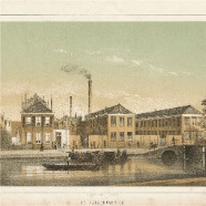 Leiden Katoenfabriek litho G.J.Bos 1825-1898 ca. 21x16 cm.  € 95.-
