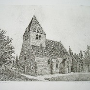Batenburg Hervormde Kerk schuurkerk Ben Jurgens 1952 ets  34.5-24.5 cm. € 65.-