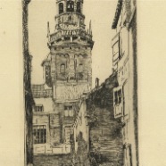 Leiden Stadhuistoren Jan Sirks 1885-1938 ets 9.5x24 cm.  € 45.-