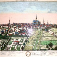 Haarlem vanuit Amsterdam rechts Amsterdamse vaart links Spaarne optica prent handgekleurde kopergravure ca. 1780